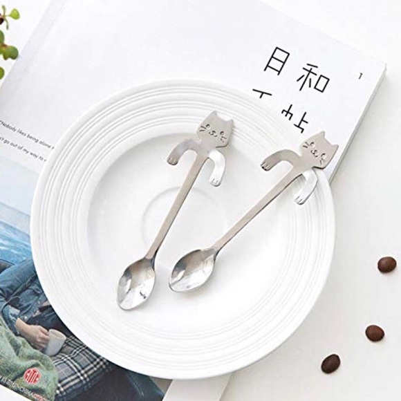 2-Pack Cat Coffee Dessert Cute Silver Spoons - Picture 2 of 8